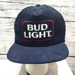 Vintage 80s 90s Bud Light Corduroy Snapback Hat Navy Beer Logo Cap USA